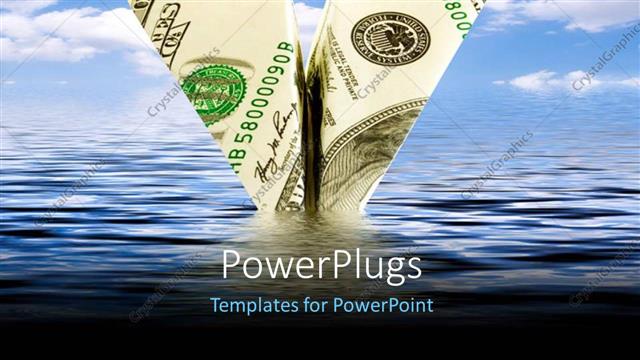  Presentation with crisis - An airplane made with a dollar note and sea in the background