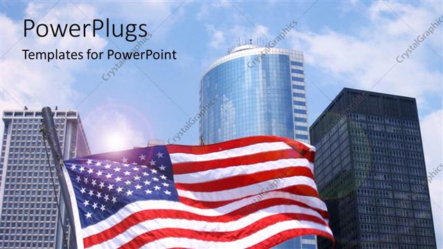  Presentation with office buildings - American flag with office buildings over blue cloudy sky