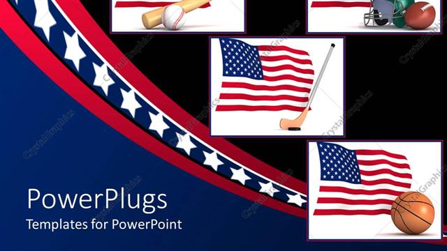 Presentation with hockey - American flags next to baseball, football, basketball, and hockey gear