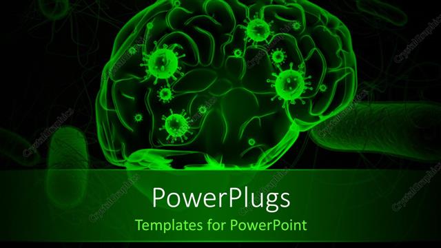  Presentation with infection - Anatomy depiction of a human brain with viruses in green