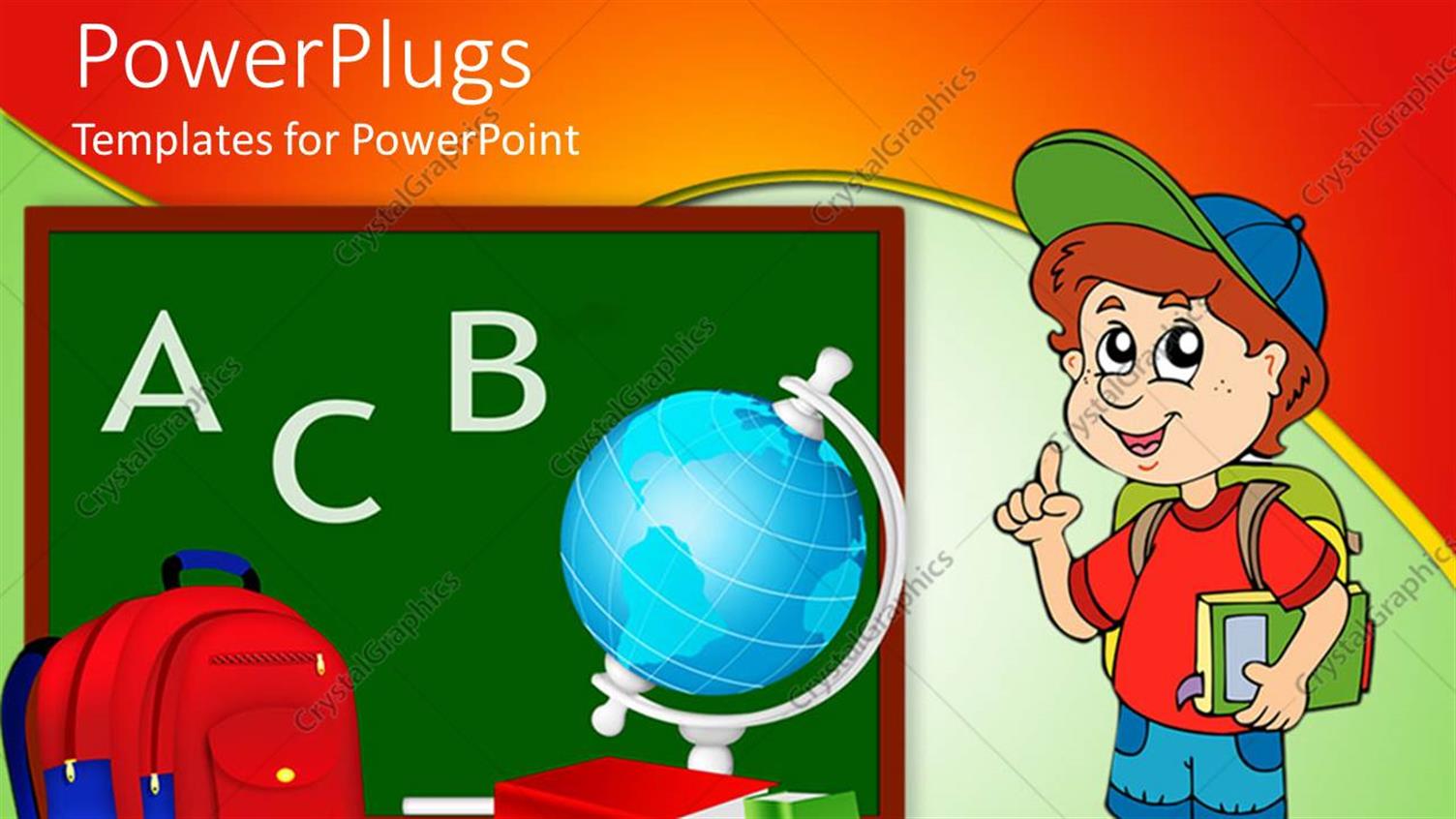 Featuring Animated Boy Carrying Backpack and Book Next to Class Supplies and Chalkboard