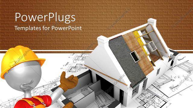  Presentation with architecture construction - Animated construction worker showing an uncompleted house construction plan