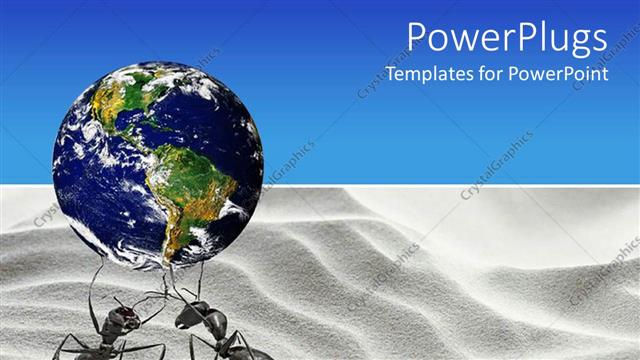  Presentation with ants - Ants holding up the globe on white desert sand and blue background