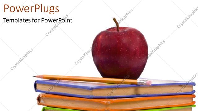  Presentation with pile - Apple and pencil laying on pile of several colored exercise books