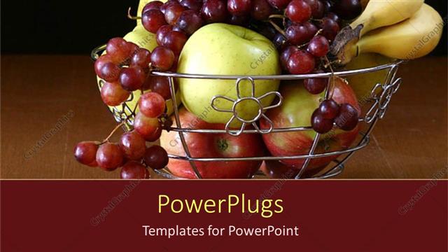  Presentation with metallic - Apples, grapes and bananas in a metallic silver ?bowl