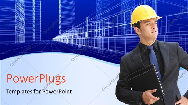  Presentation with office buildings - Architect with?notes and protective helmet with wire frame of office buildings?