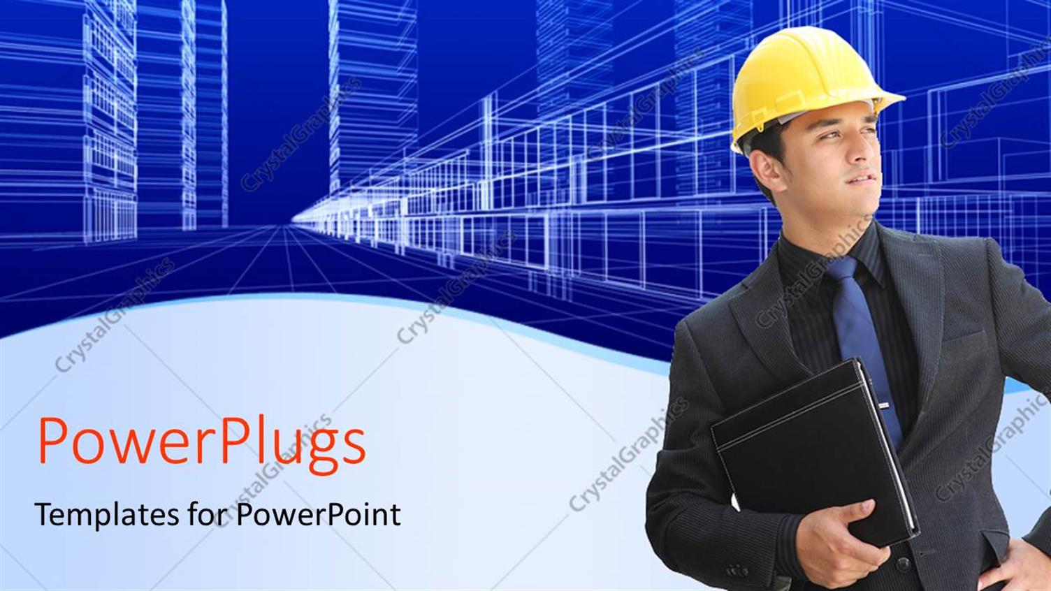 Featuring Architect with notes and Protective Helmet with Wire Frame of Office Buildings 