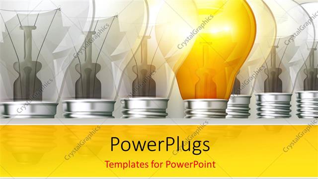  Presentation with light bulbs - An arranged row of light bulbs with a lit one in the middle