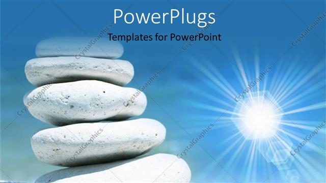  Presentation with stones - An arranged  stack of smooth white stones under a blue sky