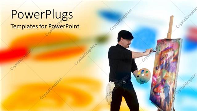  Presentation with canvas - Artist painting, painter holding wooden color palette, canvas, painting on canvas, easel