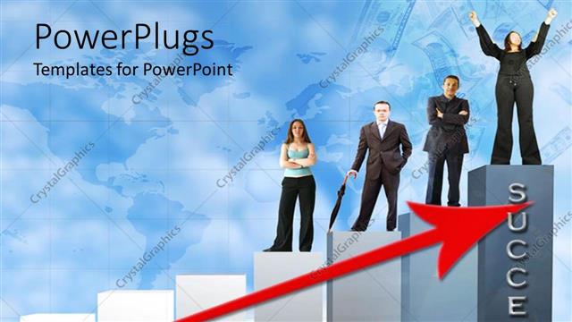  Presentation with bar - Ascending bar chart with a red arrow and people standing on it