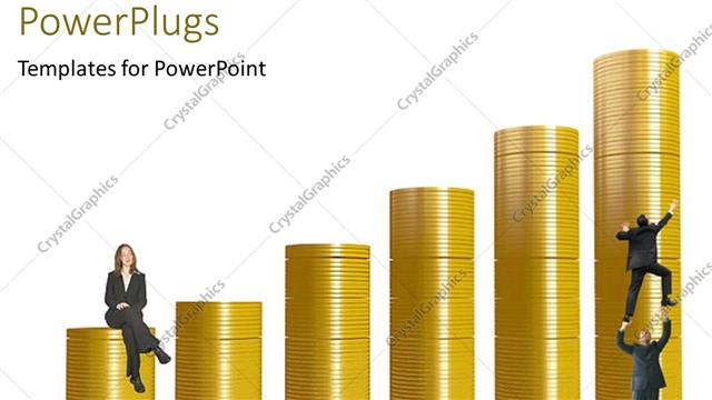  Presentation with gold investment - Ascending stacks of gold colored coins with people climbing it