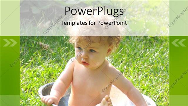  Presentation with stainless steel - Baby bathing in large stainless steel bowl outdoors on grass