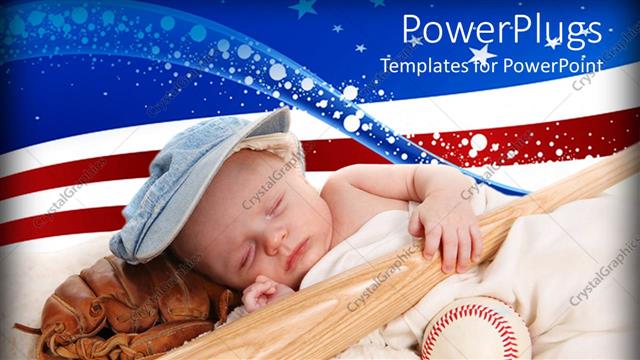  Presentation with patriotic - Baby boy asleep with baseball bat, catcher's mitt and baseball