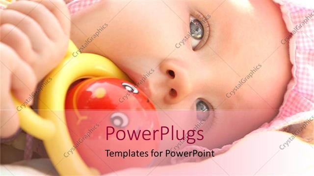  Presentation with baby girl - Baby girl with pink bonnet chewing on rattle