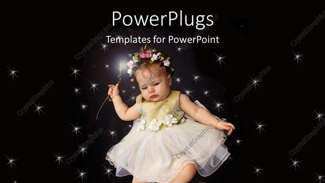  Presentation with baby fair - Baby girl in white fair dress with flowered head band?on starry black background and roses