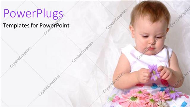  Presentation with purple floral - Baby girl in white floral dress playing with purple flower on pink background