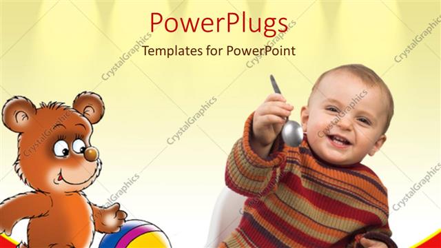  Presentation with baby bear - Baby holding spoon with bowl, teddy bear with ball, nutrition, kids