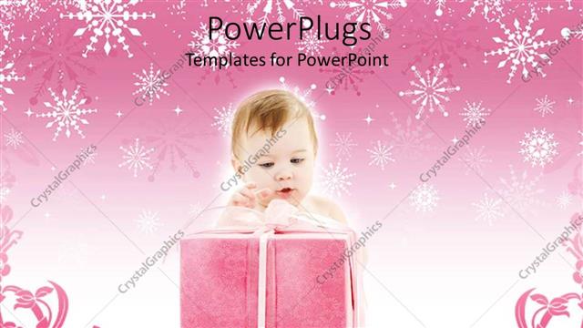  Presentation with baby sitting - Baby sitting and holding a large pink gift on a pink background