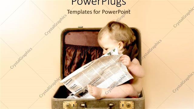 Presentation with infant - Baby sitting in suitcase reading newspaper on pale background, starting early, infant