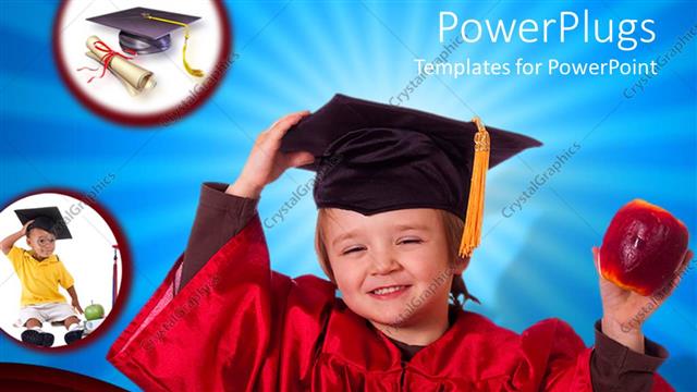  Presentation with education red - Baby wearing a red colored graduation gown and cap holding an apple