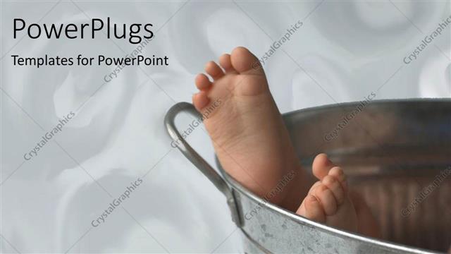  Presentation with aluminium - Baby's feet showing from aluminium bucket on white background