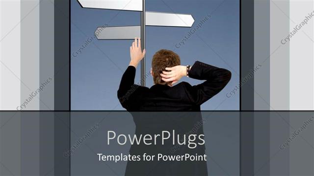  Presentation with career - Back of man thinking holding signpost with four arrows