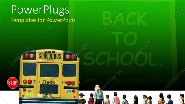 Presentation with back school - Back to school on green chalkboard with school bus and pupils with teacher going to bus