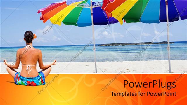  Presentation with beach - Back of woman doing yoga on a beach with two large colorful umbrellas and happy sun wearing sunglasses