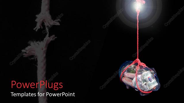  Presentation with risk - Bag of coins and currency tied to frayed red rope on black background