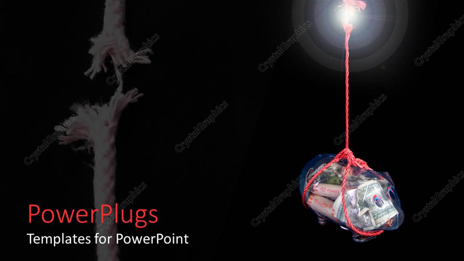 Featuring Bag of Coins and Currency Tied to Frayed Red Rope on Black Background