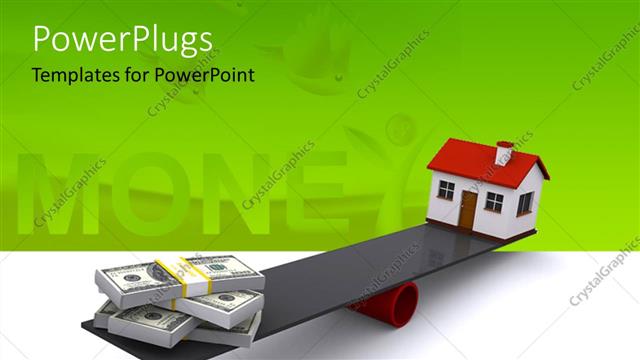  Presentation with finance - Balance with house model on one and pile of money on the other and green color