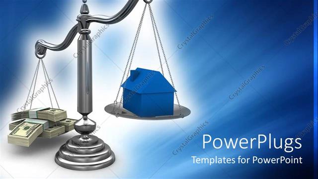  Presentation with balance scale - A balance scale with a house and a number of dollar notes
