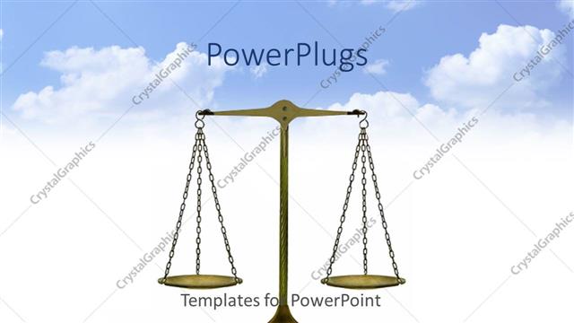  Presentation with balance scale - Balance, scale of justice on reflective white surface and bright blue sky with white clouds background