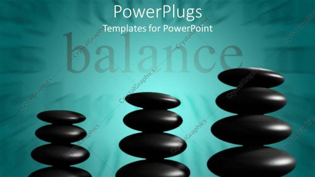  Presentation with stones - Balance word with three stacks of black stones, cyan background