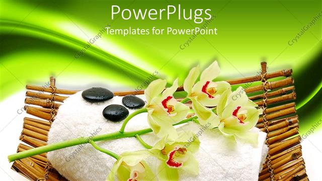  Presentation with spa - Bamboo basket with flowers, towel, and pebbles