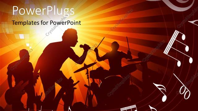  Presentation with band - Band playing music with drums, guitar to a crowd of fans with music symbols in foreground