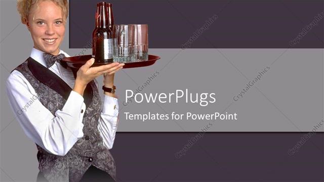  Presentation with bartender - Bartender cocktail waitress with tray, bottles and glasses, hospitality, restaurant