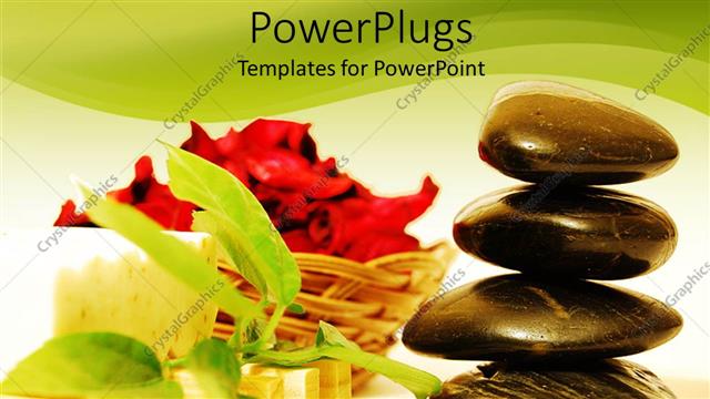  Presentation with spa stones leaves - Basket filled with roses with spa stones, green leaves and beauty soap