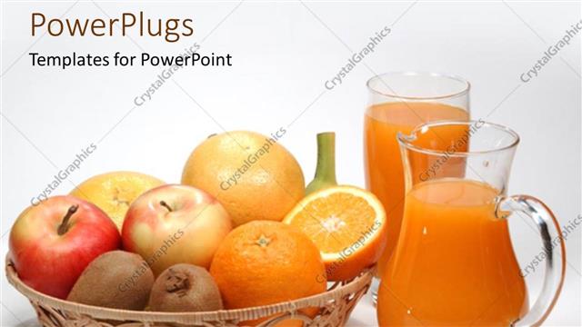  Presentation with orange fruit - Basket of kiwis, orange and apple fruit with pitcher of juice and glass, nutrition
