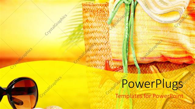  Presentation with sunset beach - A basket with various caps and a shades