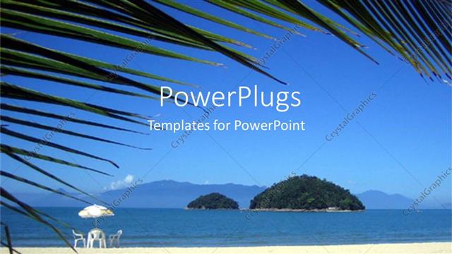  Presentation with tropical holiday - Beach landscape with table, chairs and umbrella, palm fronds, islands, vacation, holiday, tropical paradise