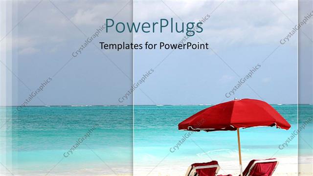  Presentation with lounge - Beach scene with red lounge chairs and umbrella, travel, vacation, holiday