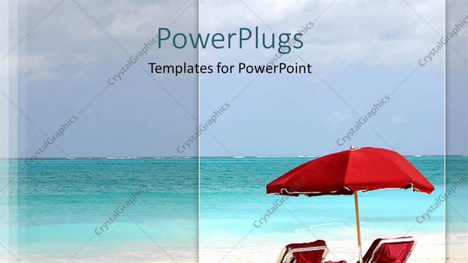 Featuring Beach Scene with Red Lounge Chairs and Umbrella, Travel, Vacation, Holiday