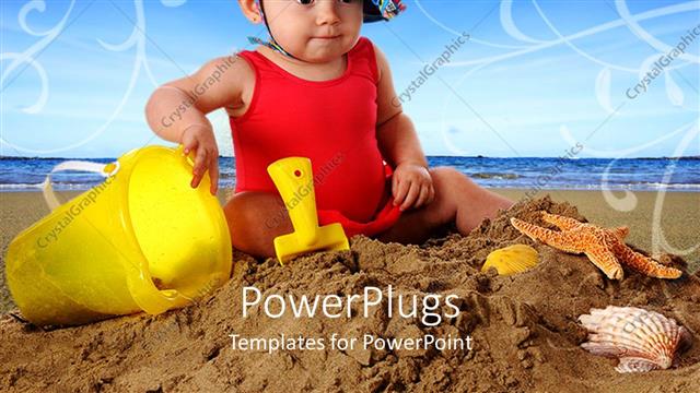  Presentation with sand play - Beautiful baby with colorful hat plays in beach sand with colorful toys