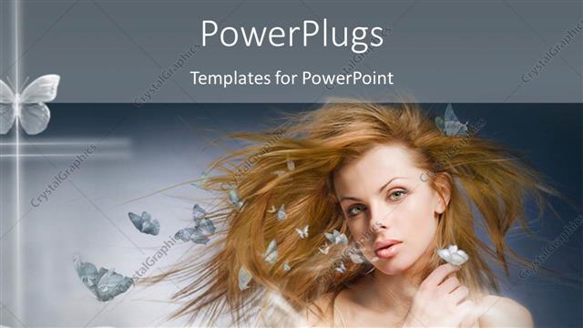  Presentation with butterflies - Beautiful blonde lady with white butterflies over grey background