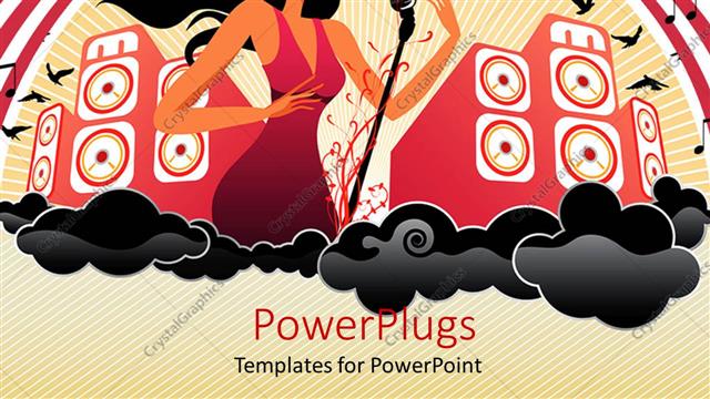  Presentation with mic - Beautiful female musician with mic and huge speakers in background