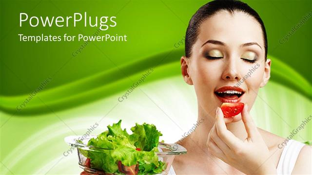  Presentation with green plate - A beautiful model eating fruit and holding green vegetables in a plate