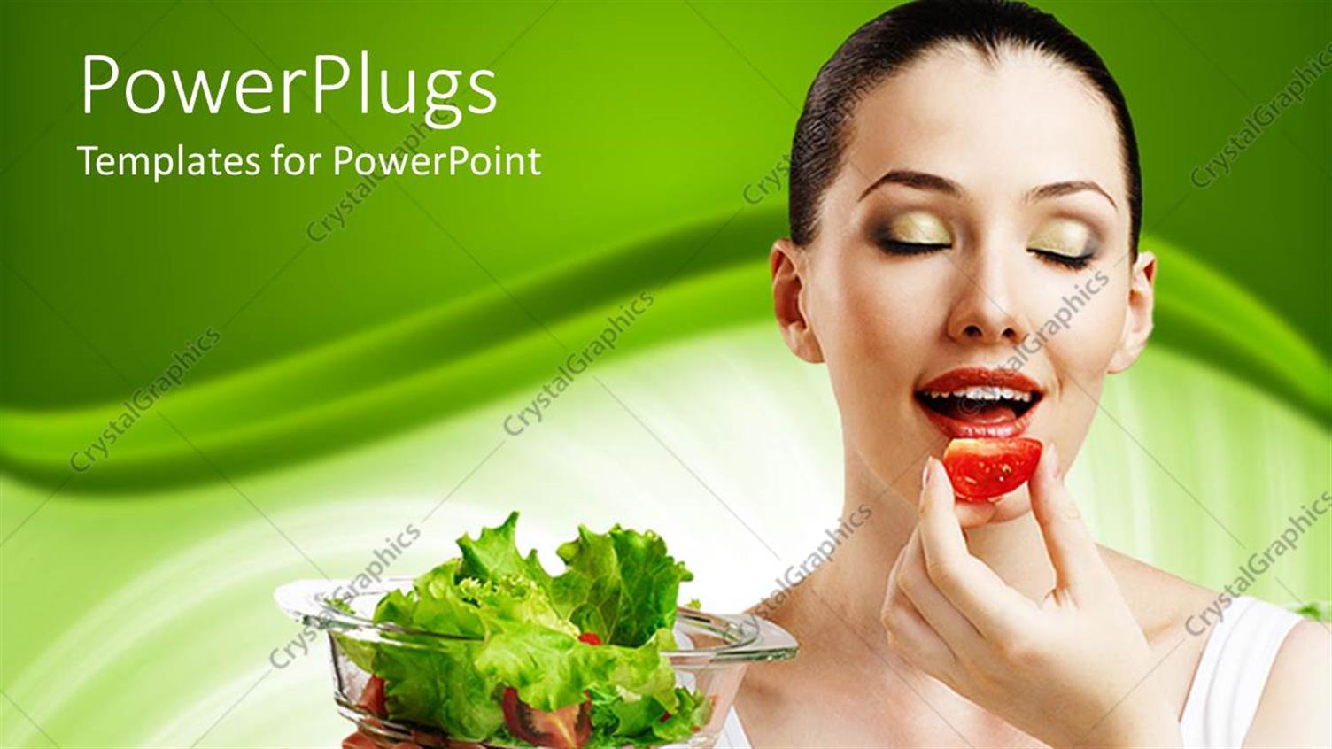 Featuring a Beautiful Model Eating Fruit and Holding Green Vegetables in a Plate