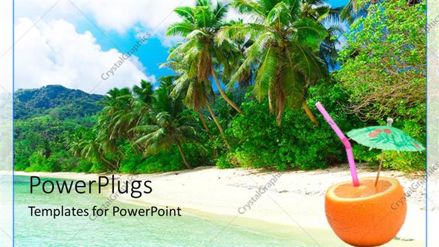  Presentation with tropical holiday - Beautiful view of tropical beach with palms and parasol in orange